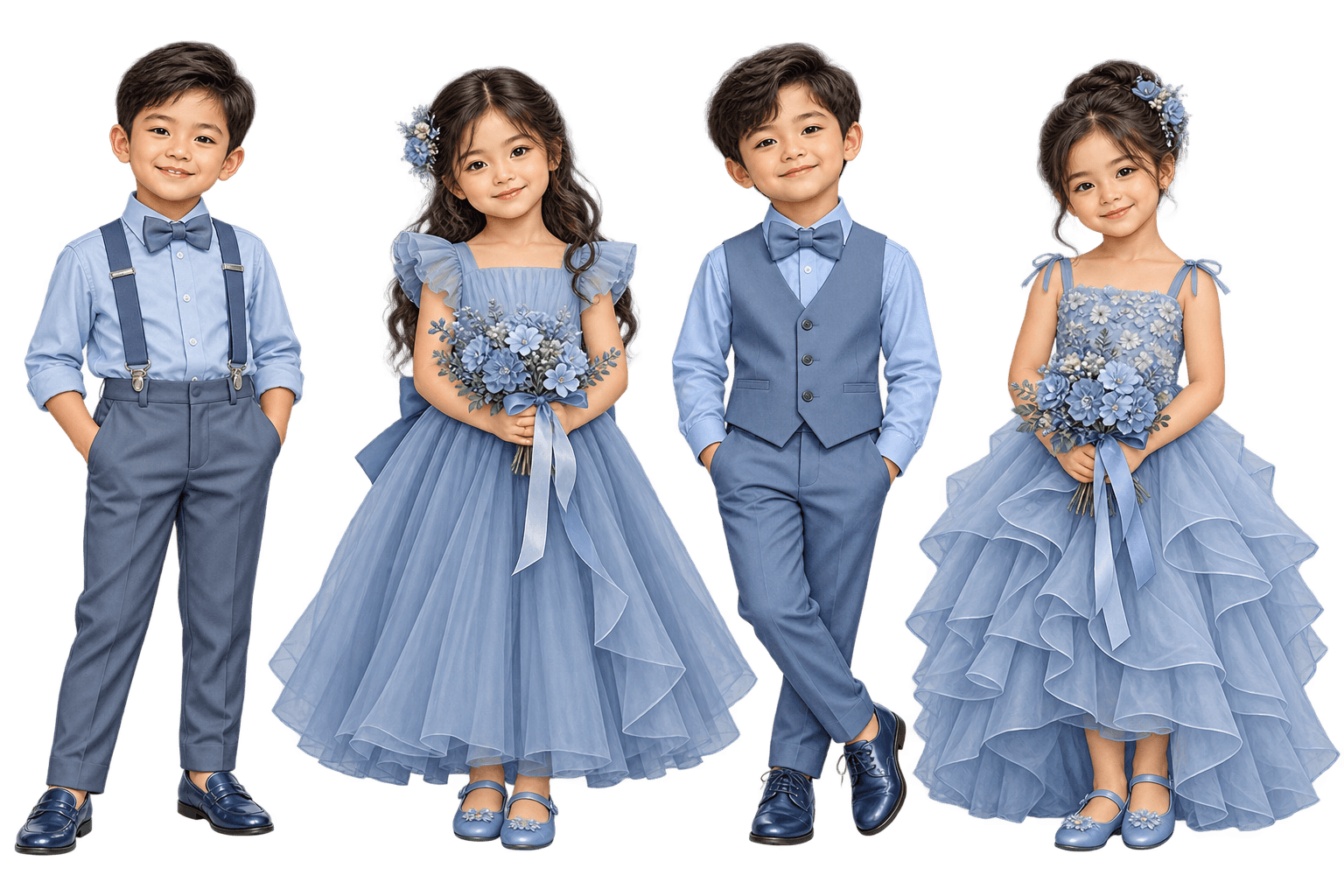 Flower girls and bearers wearing formal attire from the blue wedding palette