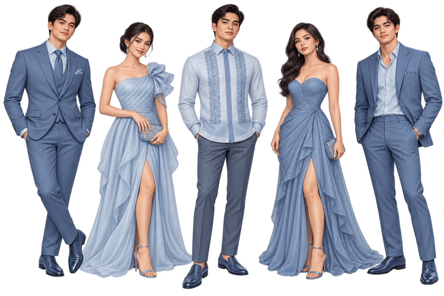 Wedding guests wearing formal attire from the blue wedding palette