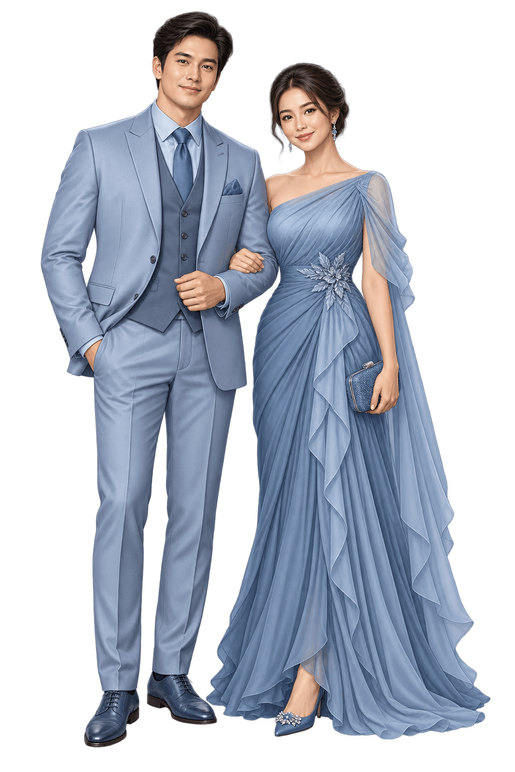Principal sponsors wearing formal attire from the blue wedding palette