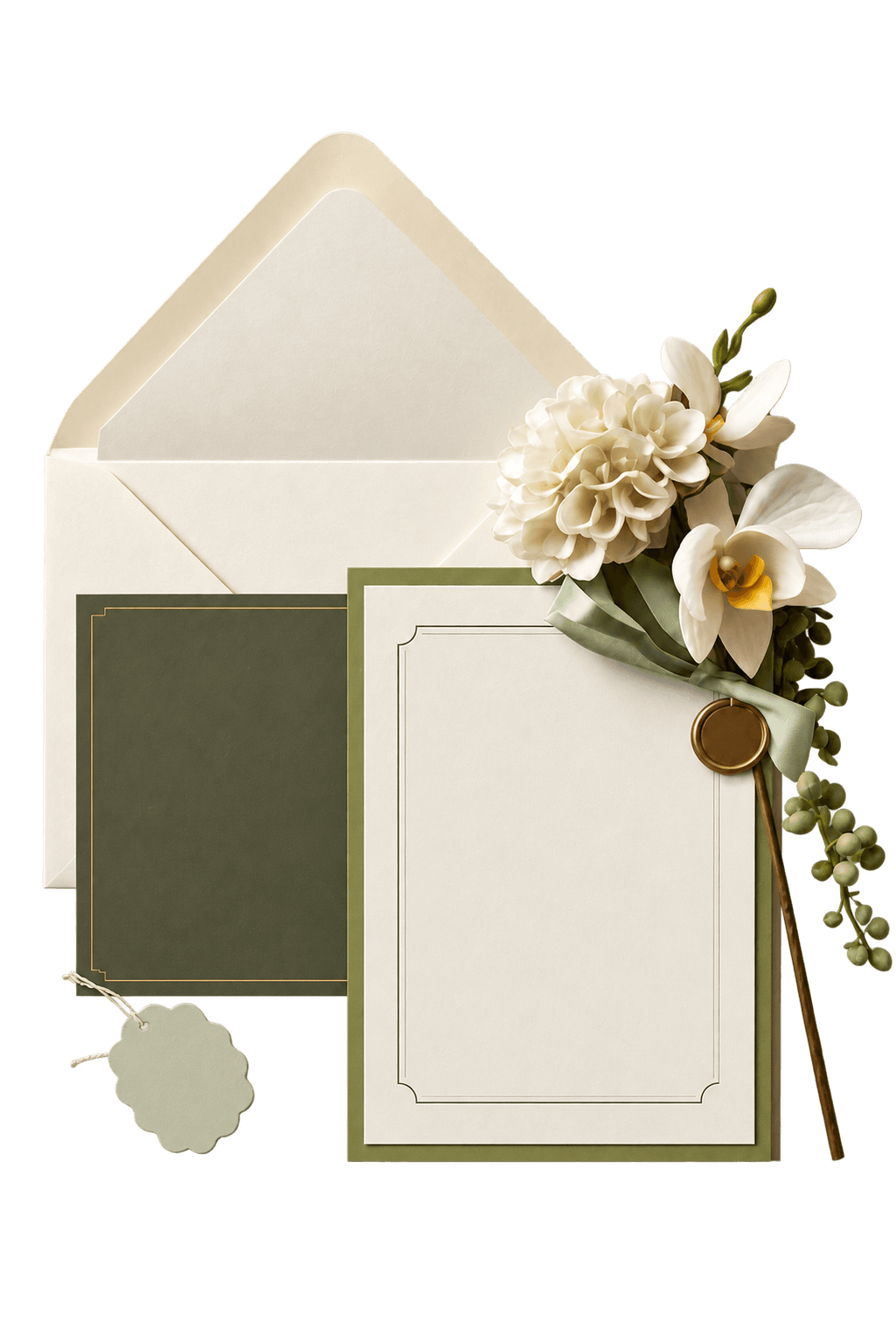 Ivory and olive wedding stationery with flowers